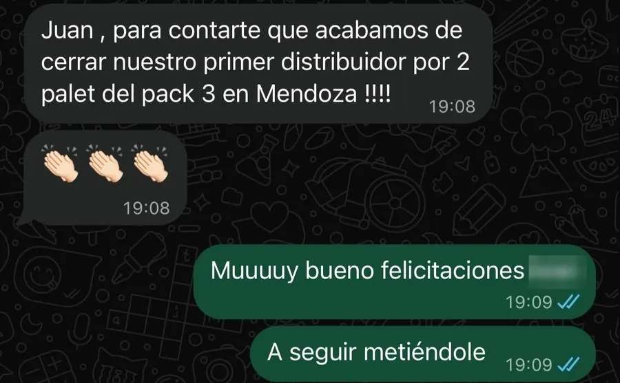 WhatsApp de un cliente: cerramos nuestro primer distribuidor por 2 pallets en Mendoza