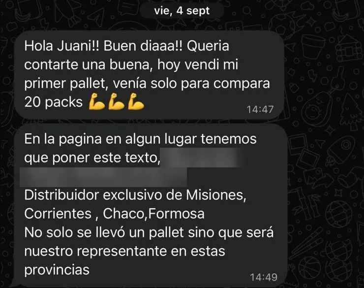 WhatsApp de un cliente: vendí mi primer pallet y el comprador queda como distribuidor exclusivo de Misiones, Corrientes, Chaco y Formosa